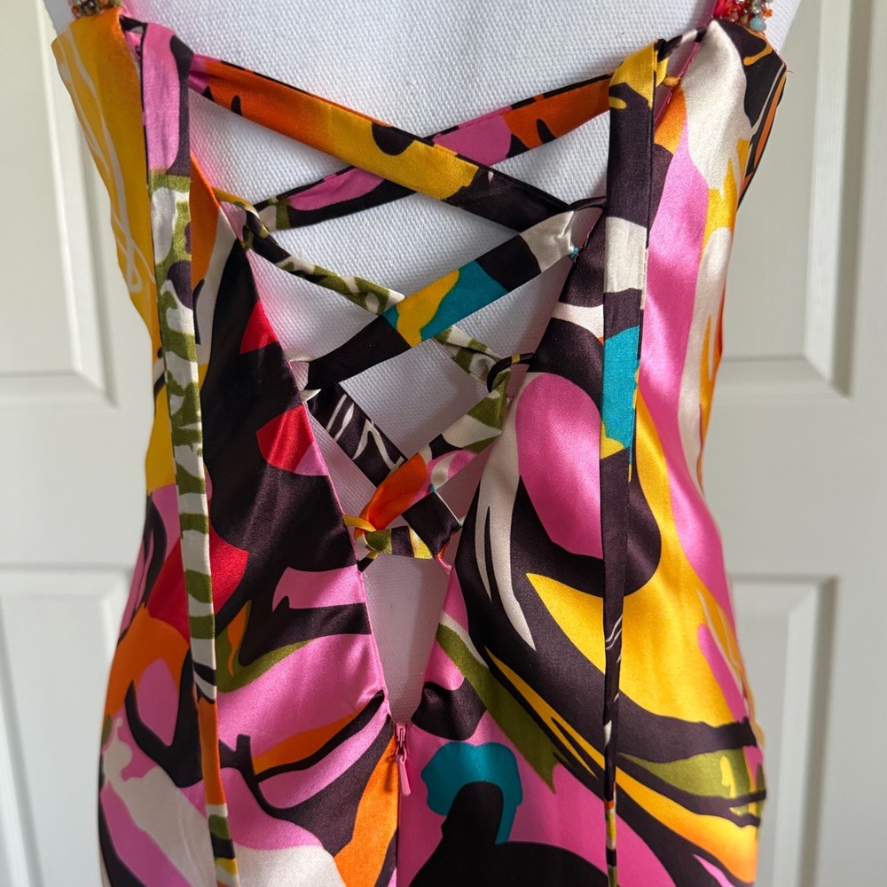 Faviana Couture Colorful Embellished Long Satin Maxi Dress Formal Gown Size 12 - Picture 5 of 16